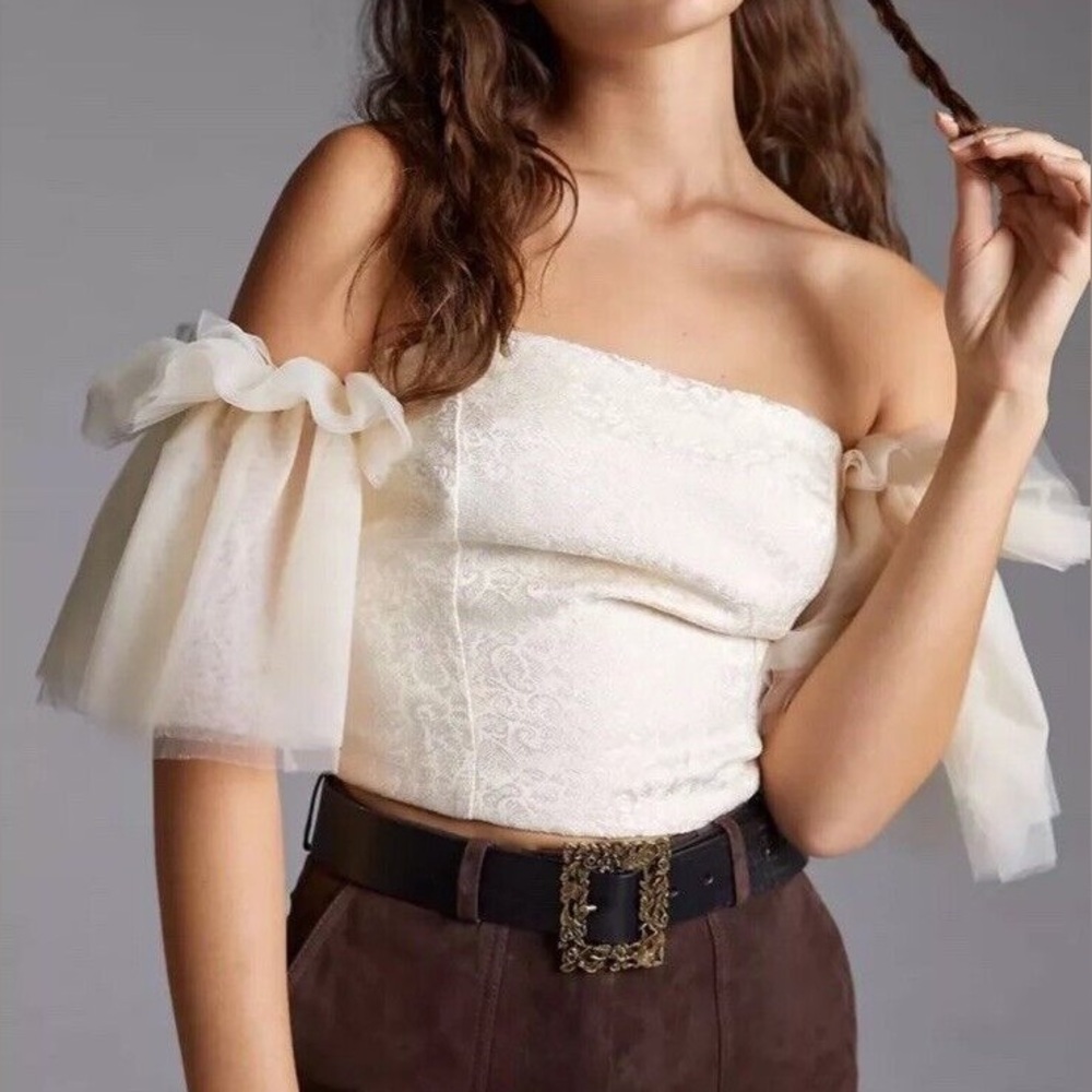 ANTHROPOLOGIE SUNDAY IN BROOKLYN TULLE OFF THE SHOULDER BLOUSE TOP IVORY